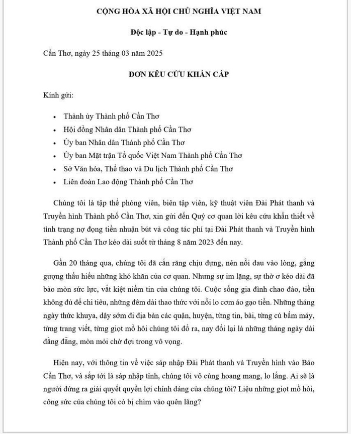 Thực hư tập thể Đài PT-TH TP Cần Thơ viết đơn kêu cứu vì bị nợ tiền nhuận bút- Ảnh 1. Thực hư tập thể Đài PT-TH TP Cần Thơ viết đơn kêu cứu vì bị nợ tiền nhuận bút- Ảnh 1.