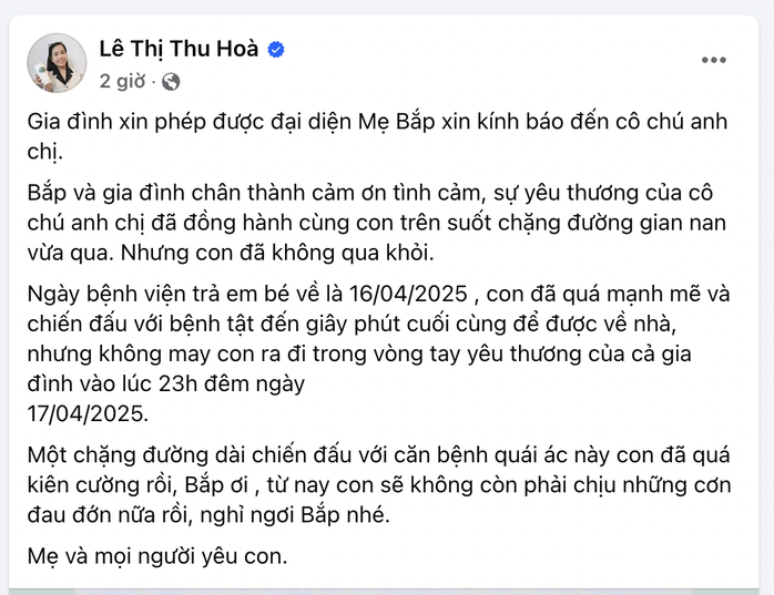 Phản ứng của cộng đồng mạng sau khi mẹ Bắp thông tin con qua đời- Ảnh 1. Phản ứng của cộng đồng mạng sau khi mẹ Bắp thông tin con qua đời- Ảnh 1.
