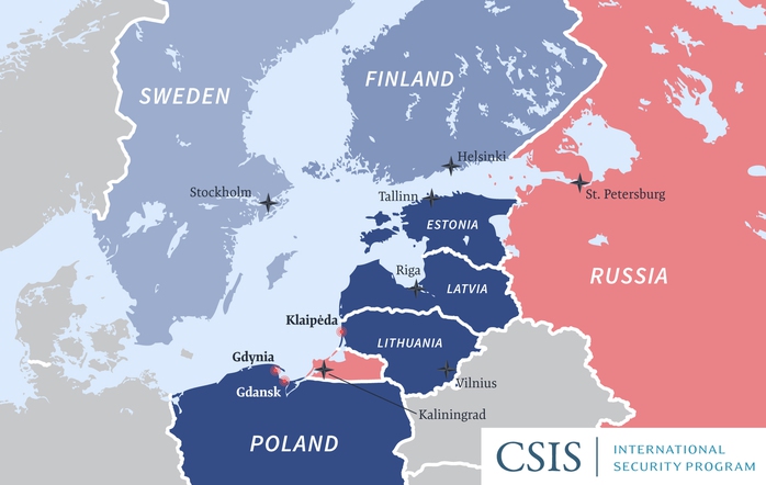Ba nước Baltic là Estonia, Latvia và Lithuania nằm ở sườn Đông của NATO. Bản đồ: CSIS Ba nước Baltic là Estonia, Latvia và Lithuania nằm ở sườn Đông của NATO. Bản đồ: CSIS