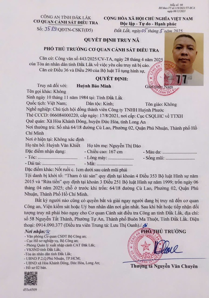 Truy nã cựu Chủ tịch HĐTV Công ty TNHH Huỳnh Phước vì tham ô tài sản và rửa tiền - Ảnh 1.