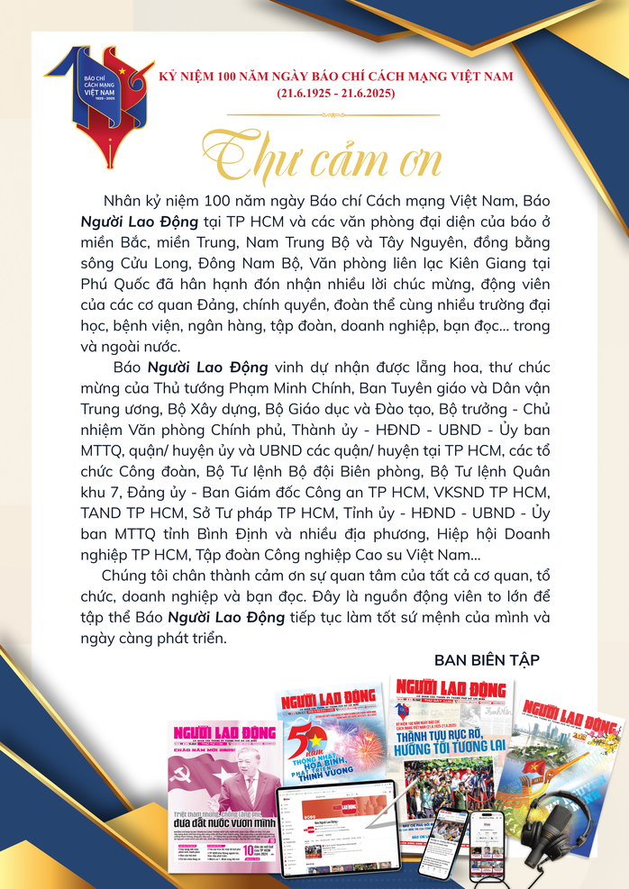 Thư cảm ơn của Báo Người Lao Động nhân kỷ niệm 100 năm Ngày Báo chí Cách mạng Việt Nam - Ảnh 1.
