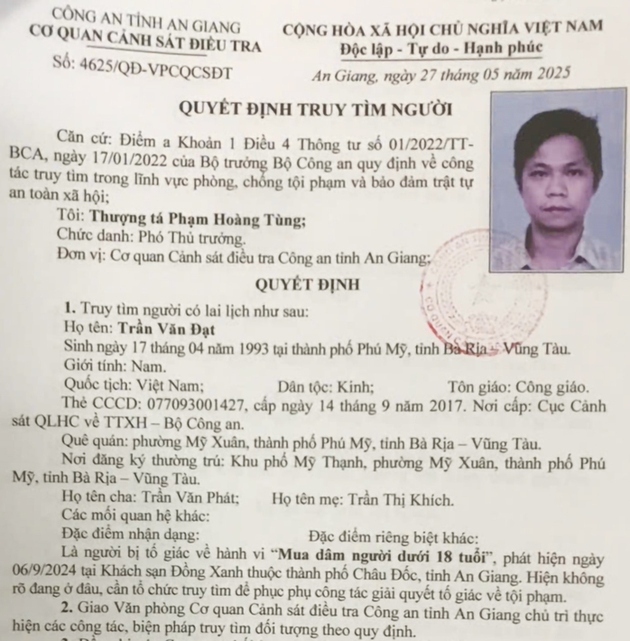 Truy tìm 2 đối tượng liên quan vụ mua dâm - Ảnh 1.