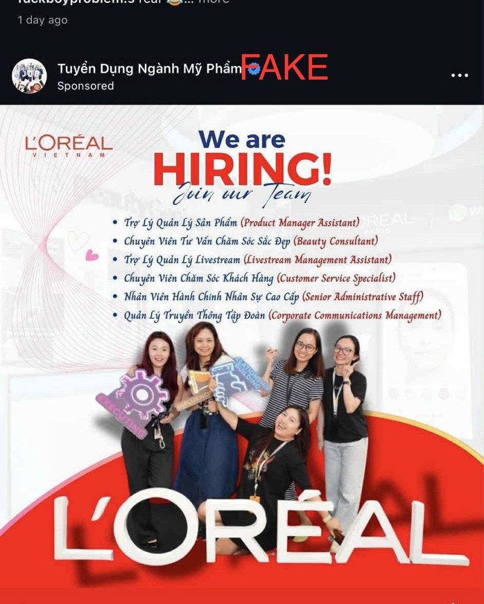 L'Oreal lên tiếng vì bị mạo danh lừa đảo tuyển dụng- Ảnh 1. L'Oreal lên tiếng vì bị mạo danh lừa đảo tuyển dụng- Ảnh 1.
