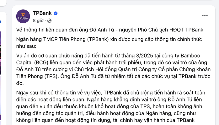 TPBank lên tiếng về ông Đỗ Anh Tú bị khởi tố và ảnh hưởng đến hoạt động ngân hàng - Ảnh 2.