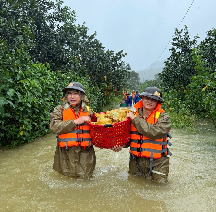 Công an ngâm mình trong nước lũ giúp dân thu hoạc bưởi - Ảnh 4. Công an ngâm mình trong nước lũ giúp dân thu hoạc bưởi - Ảnh 4.