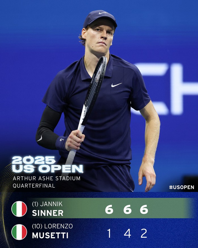 Sinner lập cột mốc ấn tượng, xác định hai cặp bán kết US Open - Ảnh 1. Sinner lập cột mốc ấn tượng, xác định hai cặp bán kết US Open - Ảnh 1.