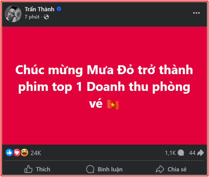 Trấn Thành, Lý Hải chúc mừng "Mưa đỏ" lên tốp 1 - Ảnh 1.