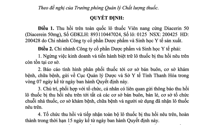 Thu hồi to&agrave;n quốc l&ocirc; thuốc Diacerin 50 do vi phạm chất lượng - Ảnh 1.