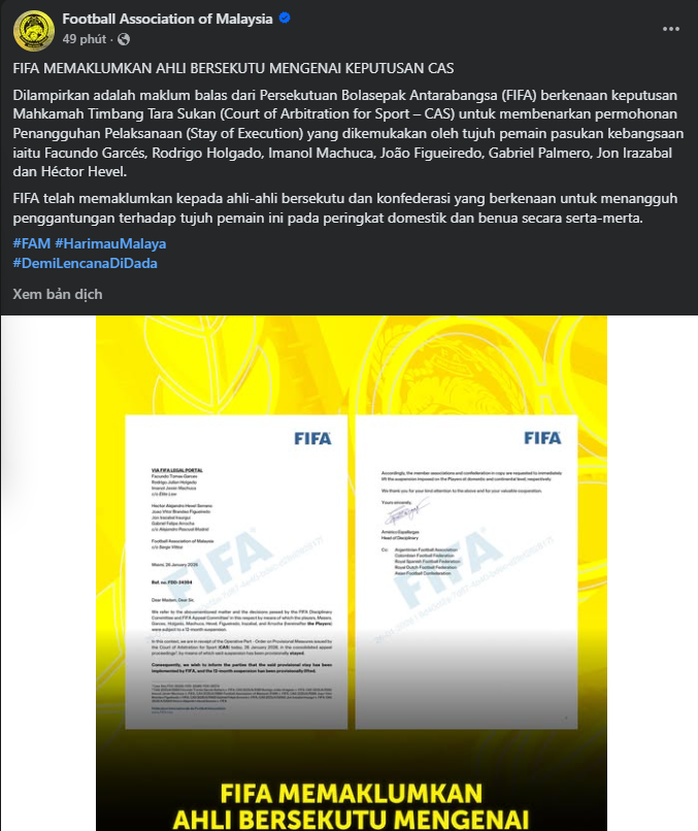 FIFA  l&ecirc;n tiếng việc CAS quyết đinh tạm hoản &aacute;n phạt của 7 cầu thủ nhập tịch Malaysia - Ảnh 1.