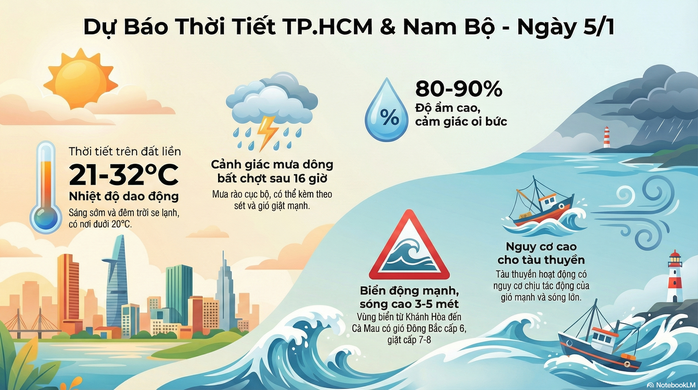 Dự báo thời tiết hôm nay, 5-1: TPHCM và Nam Bộ se lạnh, chiều tối có mưa - Ảnh 2.