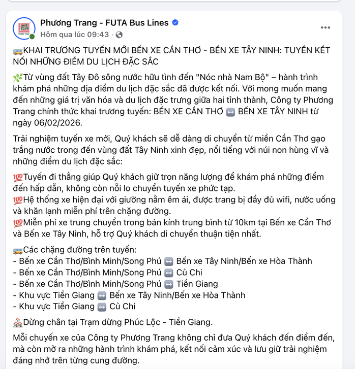 Phương Trang mở tuyến Cần Thơ - T&acirc;y Ninh, kết nối T&acirc;y Đ&ocirc; với n&uacute;i B&agrave; Đen - Ảnh 1.