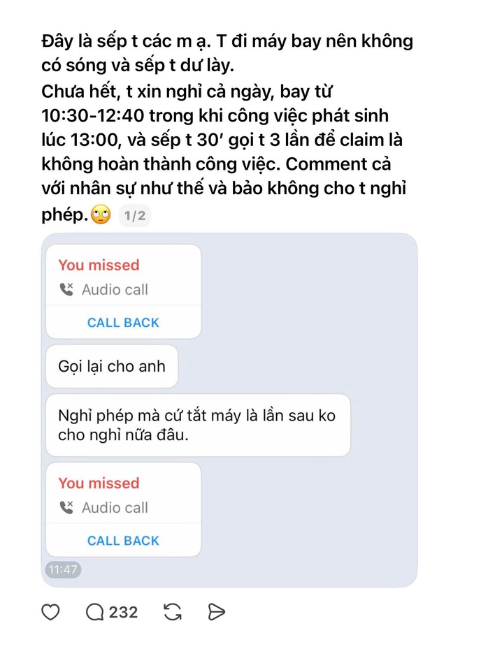 Xin nghỉ phép nhưng vẫn bị sếp “réo tên” gây tranh cãi trên mạng xã hội - Ảnh 1.