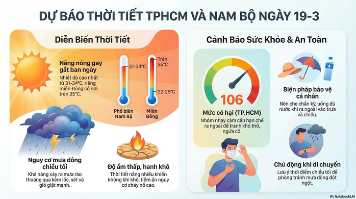 Dự b&aacute;o thời tiết h&ocirc;m nay, 19-3: TPHCM v&agrave; Nam Bộ nắng n&oacute;ng, c&oacute; nơi tr&ecirc;n 35 độ C - Ảnh 2.