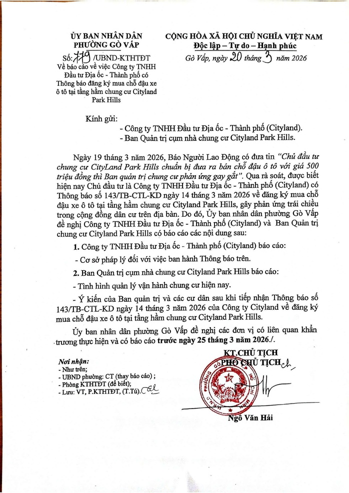 UBND phường G&ograve; Vấp y&ecirc;u cầu CityLand b&aacute;o c&aacute;o vụ b&aacute;n chỗ đậu xe 500 triệu đồng - Ảnh 2.