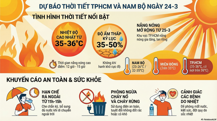 Dự b&aacute;o thời tiết h&ocirc;m nay, 24-3: Nắng n&oacute;ng duy tr&igrave; ở TPHCM v&agrave; Nam Bộ - Ảnh 1.