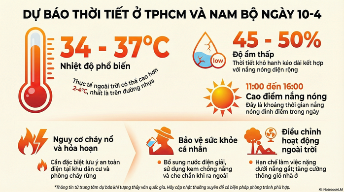 Dự b&aacute;o thời tiết h&ocirc;m nay, 10-4: TPHCM v&agrave; Nam Bộ nắng n&oacute;ng gay gắt nhất từ 11-16 giờ - Ảnh 1.
