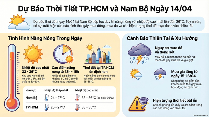 Dự b&aacute;o thời tiết h&ocirc;m nay, 14-4: TPHCM v&agrave; Nam Bộ khả năng c&oacute; mưa giải nhiệt - Ảnh 2.