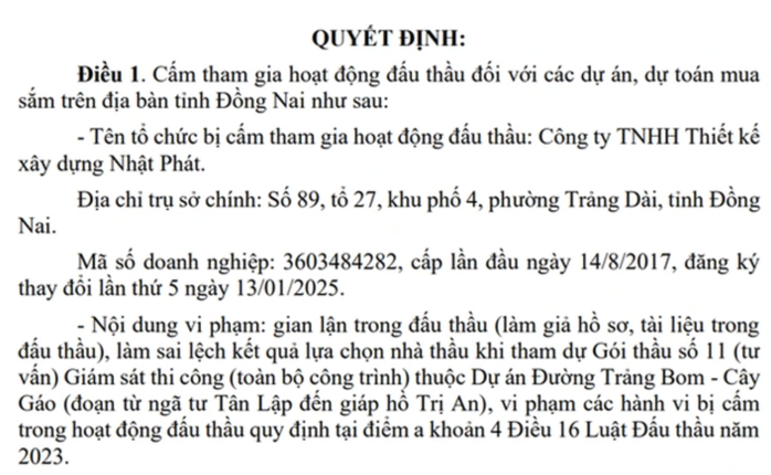C&ocirc;ng ty Nhật Ph&aacute;t bị Đồng Nai cấm tham gia đấu thầu 4 năm v&igrave; gian lận - Ảnh 1.