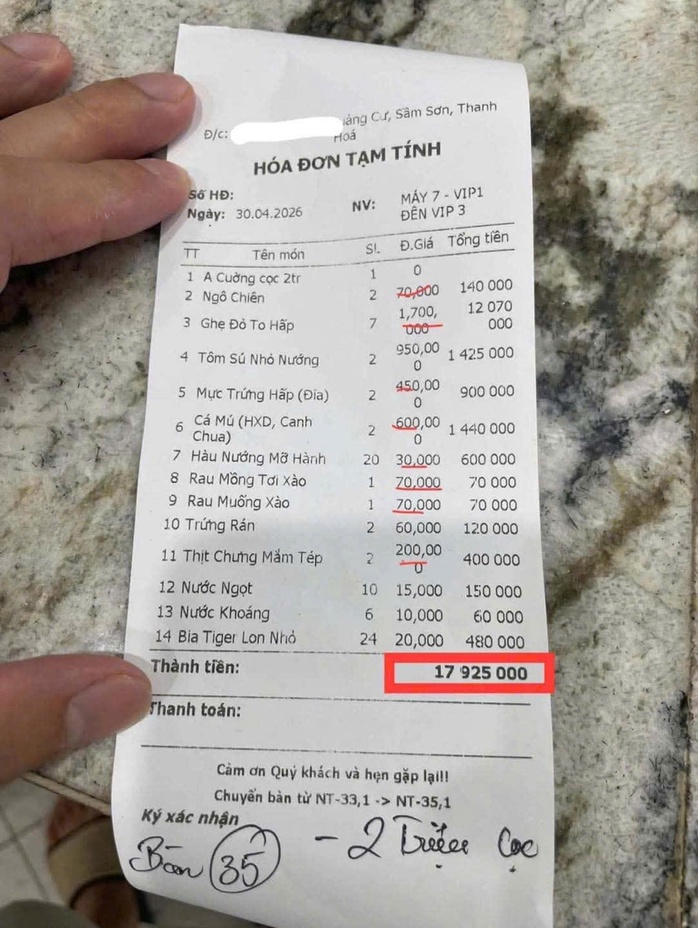C&ocirc;ng an th&ocirc;ng tin vụ việc h&oacute;a đơn bữa ăn gần 18 triệu đồng x&ocirc;n xao ở Sầm Sơn - Ảnh 2.