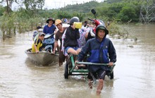 Người dân Quảng Nam dùng xe bò chở xe máy vượt lũ