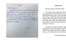 Được giải cứu an toàn, 1 công dân Trung Quốc gởi thư cảm ơn Công an tỉnh Đồng Tháp