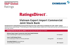 S&P Global Ratings giữ nguyên mức tín nhiệm quốc tế B+ và triển vọng ổn định với Eximbank