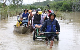 Người dân Quảng Nam dùng xe bò chở xe máy vượt lũ