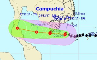 Tâm bão số 16 (bão Tembin) vào vùng biển Trà Vinh-Cà Mau