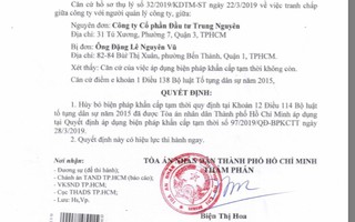 Tòa án bỏ biện pháp khẩn cấp tạm thời đối với Công ty CP Đầu tư Trung Nguyên