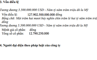 Một công ty ở Hà Nội đăng ký tăng vốn từ 132 tỉ lên gần 128.000 tỉ đồng