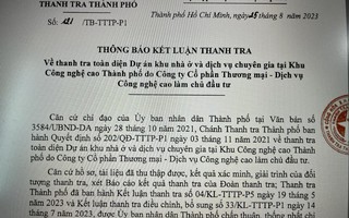 Ban Quản lý Khu Công nghệ cao TP HCM phải tổ chức kiểm điểm trách nhiệm, xử lý nhiều cá nhân