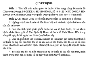 Thu hồi toàn quốc lô thuốc Diacerin 50 do vi phạm chất lượng