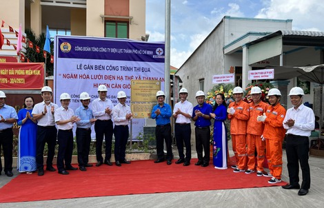 Gắn biển công trình thi đua "Ngầm hoá lưới điện xã đảo Thạnh An"