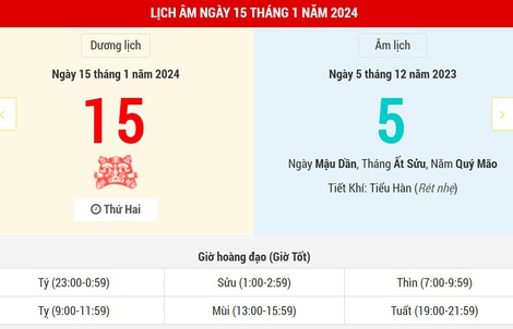 Lịch Âm hôm nay (15-1): Mùng 5 tháng Chạp
