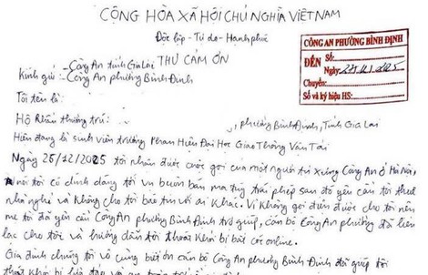 1 sinh viên viết thư cảm ơn vì được giải cứu khỏi bị "bắt cóc online"