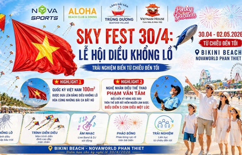 Lễ hội Diều Khổng Lồ: Quốc kỳ Việt Nam bay trên biển NovaWorld Phan Thiết dịp lễ 30-4 