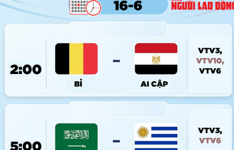 Lịch thi đấu World Cup 2026 hôm nay (16-6)