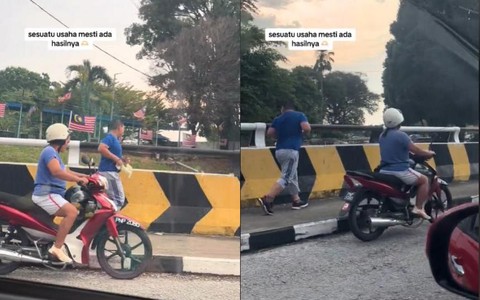Mẹ chạy xe máy, cầm roi “rượt” con trai chạy bộ