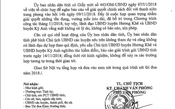 Vắng họp không lý do, 2 chủ tịch huyện phải giải trình