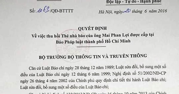 Thu hồi thẻ nhà báo của ông Mai Phan Lợi - Báo Người lao động - Vimarsana News
