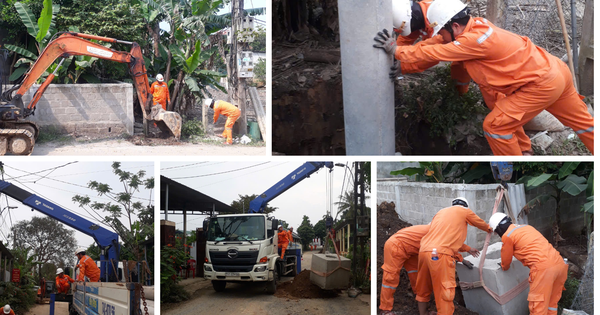 Dưới nắng gắt, công nhân điện lực thay từng cột điện cũ ở Quảng Trị